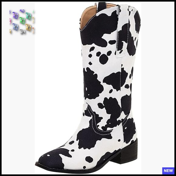 Mid Calf Cowboy Boots Chunky Heel Western Square Toe Cow Print Fashion